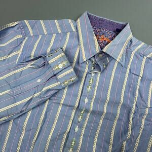 Robert Graham XL Button Up Shirt Blue Stripe Contrast Cuffs Funky